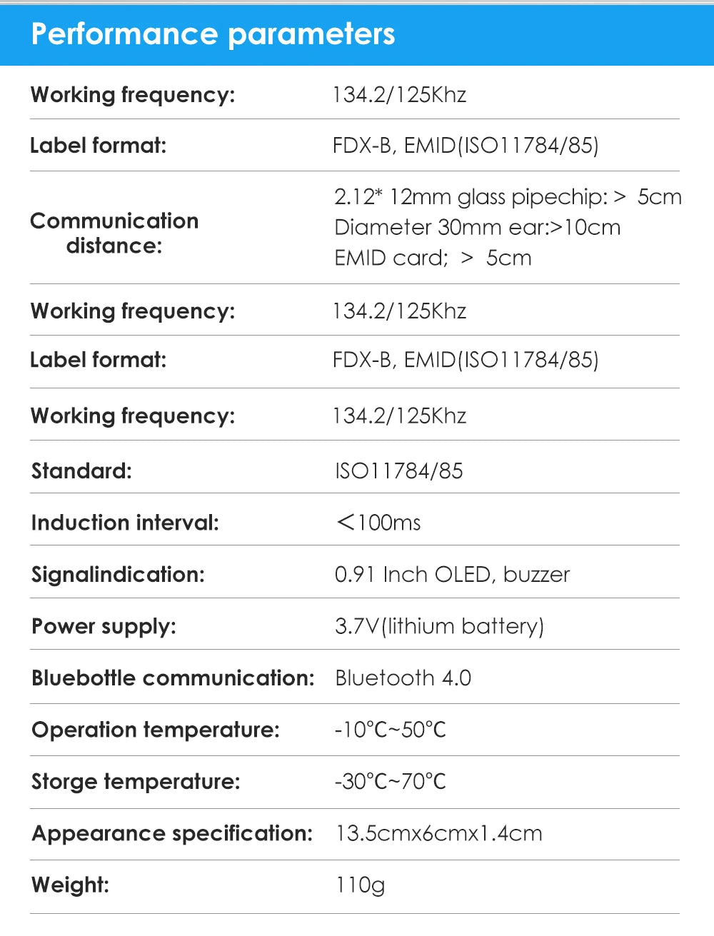 Black Animal RFID Reader 134.2KHz 125kHz